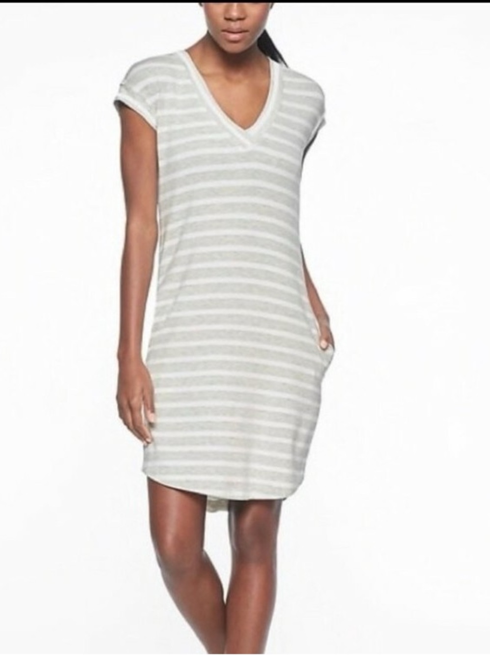 Athleta Light Gray & White Striped V-Neck Tee Dress Sz. Small